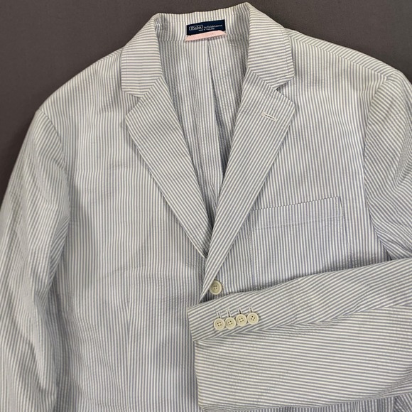 Polo Ralph Lauren Seersucker Blazer Men LG 46R* Blue White Stripe Unlined Jacket